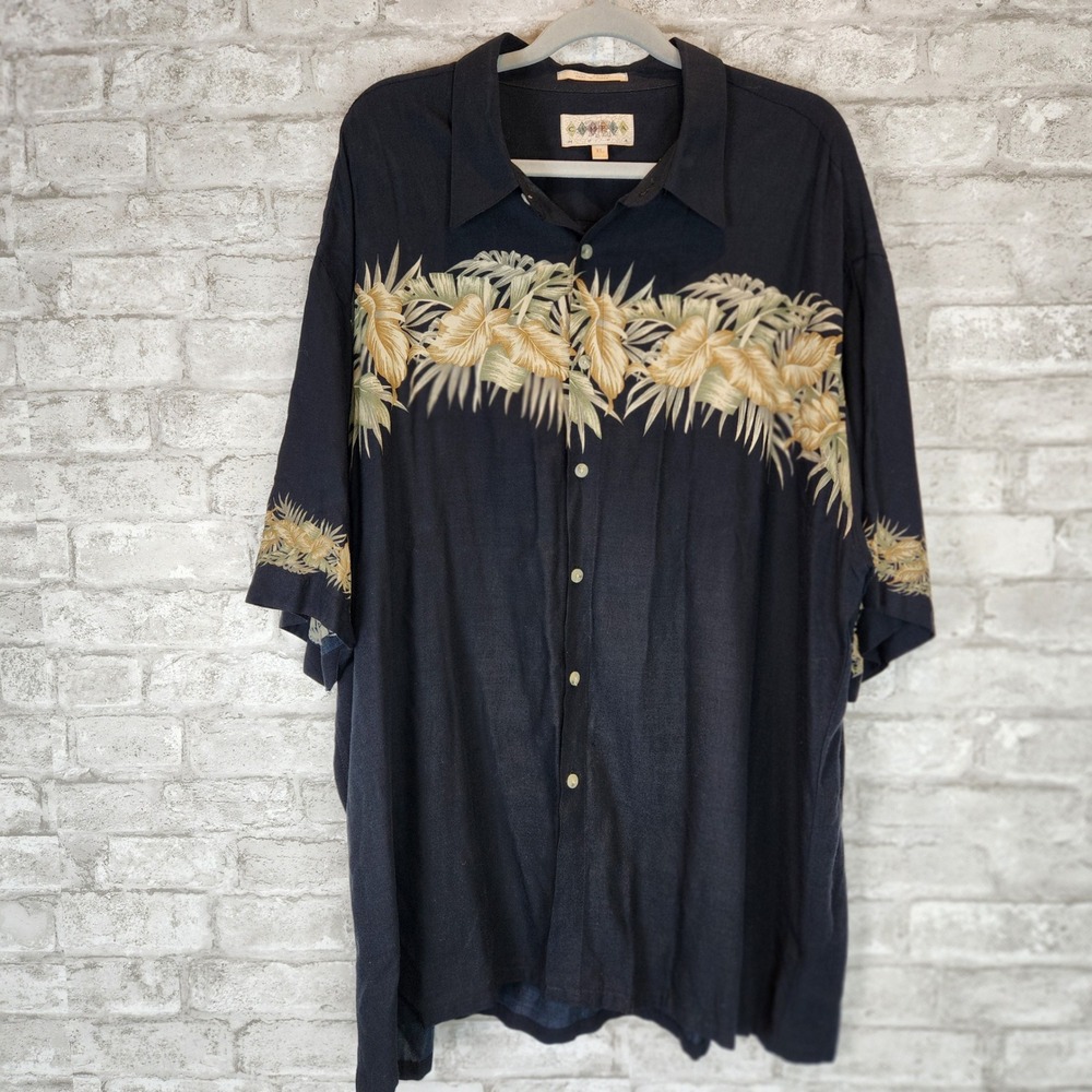 Campia Moda Button Up Shirt‎ Black Floral Leaf Rayon Tropical XL
